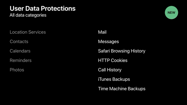 Data categories protected behind an authorization prompt in Mojave
